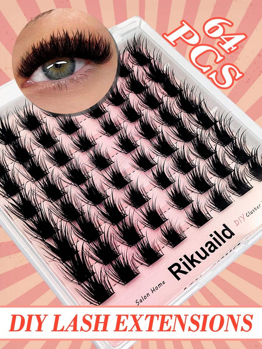Rikuaild 64pcs Soft & Fluffy Individual Lash Extensions, DIY Dramatic Thick Messy Lash Effect, Moisturizing Lash Makeup - D - View 1