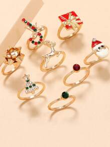 6-8 Stücke/Set Weihnachtsthemen Ringe mit Strass, Weihnachtsbaum, Zuckerstange, Weihnachtsmann, Schleife, Rentier Designs, geeignet für Frauen zum Tragen an Weihnachten und im Alltag