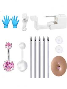 AVYRING 13 Stücke Bauchnabelpiercing-Set, Lange Bauchnabelpiercing-Pistolen-Nadeln-Set aus rostfreiem Stahl, Zunge, Ohr-Piercing-Pistole, Bauch-Lippen-Körper-Piercing-Nadel-Werkzeug-Sets, Nabelpiercing für Frauen