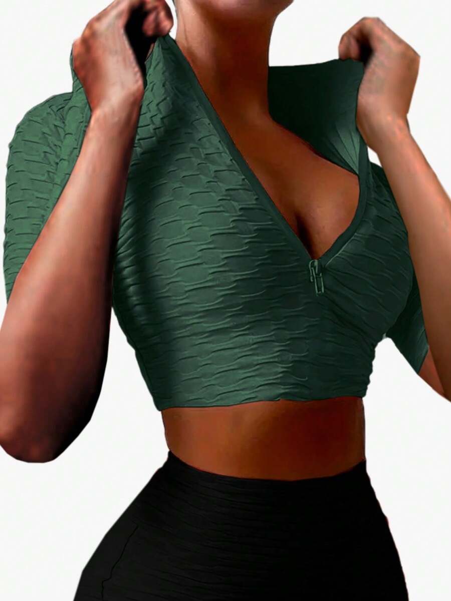 Crop Top Deportivo Licra Texturizada Con Cremallera - Esmeralda - Ver 1