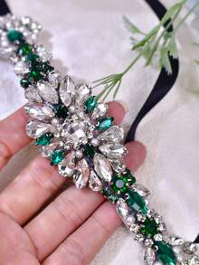 1 chiếc thắt lưng cô dâu đính ngọc trai và đá quý, khóa cài màu xanh lá cây, phụ kiện cho váy cưới nữ - A - Xem 5