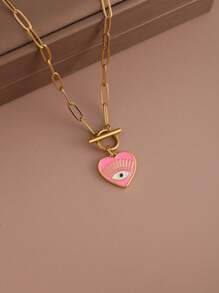 1 pieza Collar con colgante de ojo y corazón con cadena de cierre de acero inoxidable, joyería de moda para mujer, regalo de Halloween, San Valentín, mamá, madre, Día de la Madre