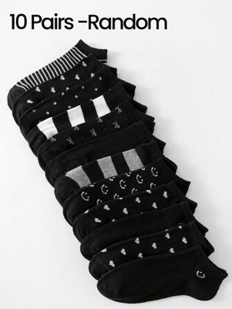 5/10 Pairs Women/Men/Girls/Boys Round Neck Short Socks, Classic Black & Grey Socks With Bowknot, Heart, Polka Dot Patterns, Soft & Comfortable, Casual & Versatile, Moisture-Wicking & Breathable, Suitable For Students/Adults Sports/Home/Festival Gifts & Daily Life, Random Colors (Multiple Pack Options Available)