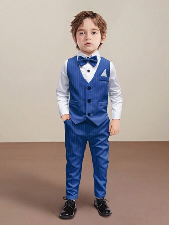 2024 Ny herrkostym för pojkar, 4-delat set: Vit skjorta + randig väst + byxor + fluga, barnens formella klädsel för fest, bröllop, vardagliga tillfällen