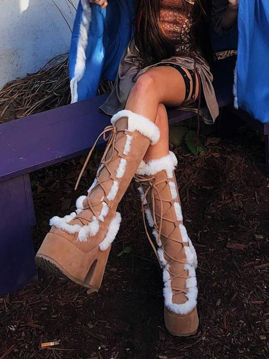 Women Knee High Boots Warm Faux Furry Chunky High Heel Platform Luxury Halloween Punk Goth Cosplay Fuzzy Snow Boots - Màu be - Xem 1