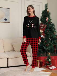 Set de 2 piezas de pijama casual de mujer con estampado de renos y letras en la parte superior de manga larga y pantalones a cuadros, ropa cómoda para otoño e invierno, Navidad - Multicolor - Ver 5