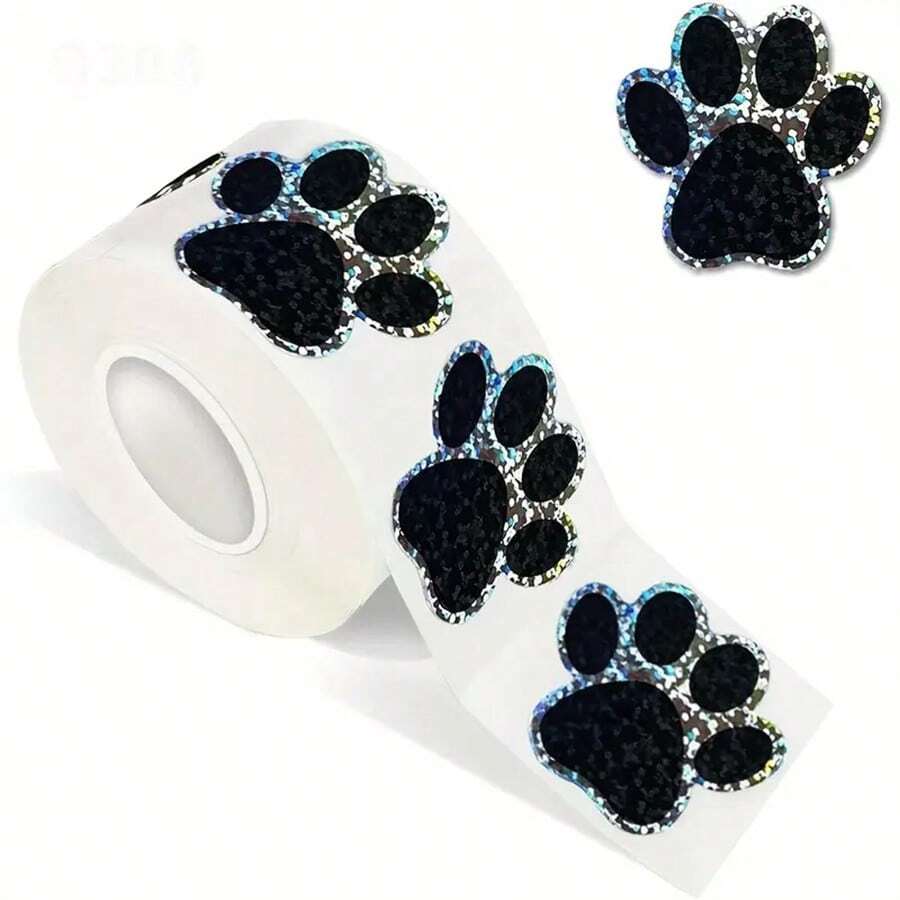 Rollo de 500 etiquetas autoadhesivas de papel satinado con estampa de huella de dibujos animados para decoración, etiquetas de tema de mascotas de un solo uso - Negro - Ver 1