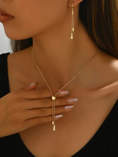 2Pcs Set Gold Fashion Jewelry - Includes 1 Adjustable Length Simple Snake Bone Chain Necklace With Water Drop Pendant And 1 Pair Matching Snake Bone Chain Water Drop Dangle Earrings, Suitable For Party Dresses And Everyday Wear, Minimalist And Elegant Design