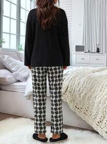 2pcs Winter Women's Printed Long Sleeve Crew Neck Casual Sleepwear Pajama Set - Black - View 6