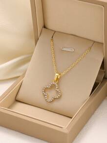 新款时尚高品质不锈钢花朵和锆石手链、开口手镯、项链首饰套装，适合女性日常佩戴情人节、妈妈、母亲、母亲节、礼物 - 金黃色 - 查看 12