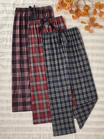 Set de 3 pantalones de pijama con estampado a cuadros y de impresión aleatoria para mujer, ropa de otoño e invierno
