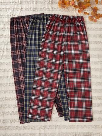 3 Stück/Set Damen Karomuster & zufälliges Druckmuster Pyjamahosen, Herbst Winter Kleidung