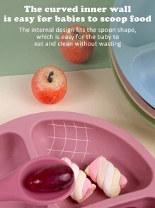 3pcs Suction Bowl And Utensils, Suitable For Infants And Toddlers, Made Of Silicone, Divided Design, Wooden Handle Spoon & Fork Silicone Child Plate Microwave And Dishwasher Friendly Kid Gifts