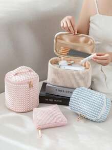 1 粉色天鹅绒材质化妆包收纳袋，女士化妆包，旅行化妆包收纳袋，波尔卡圆点图案大容量化妆品收纳袋，化妆包化妆袋化妆品收纳盒化妆品收纳 - 粉色 - 查看 5