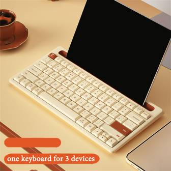 BOW BOW Ergonomic Bluetooth Wireless Keyboard For Windows/ OS/IOS/Android 79 Keys Multi-Device Keyboard With Phone Holder Slot-Milk Tea