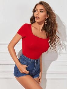 Casual Bodysuit For Women Square Neckline Short Sleeve Tight Red