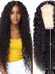 Eulisi 5X5 蕾丝闭合假发 人发佩戴和使用 无胶假发 人发预拔预剪 180% 密度水波蕾丝前假发 适合女性的真人头发 适合卷发假发 - 黑色 - 查看 5