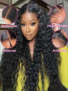 Eulisi 5X5 蕾丝闭合假发 人发佩戴和使用 无胶假发 人发预拔预剪 180% 密度水波蕾丝前假发 适合女性的真人头发 适合卷发假发 - 黑色 - 查看 10