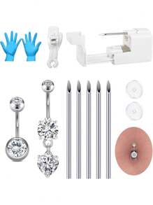 AVYRING 13 Stücke Bauchnabelpiercing-Set, Lange Bauchnabelpiercing-Pistolen-Nadeln-Set aus rostfreiem Stahl, Zunge, Ohr-Piercing-Pistole, Bauch-Lippen-Körper-Piercing-Nadel-Werkzeug-Sets, Nabelpiercing für Frauen