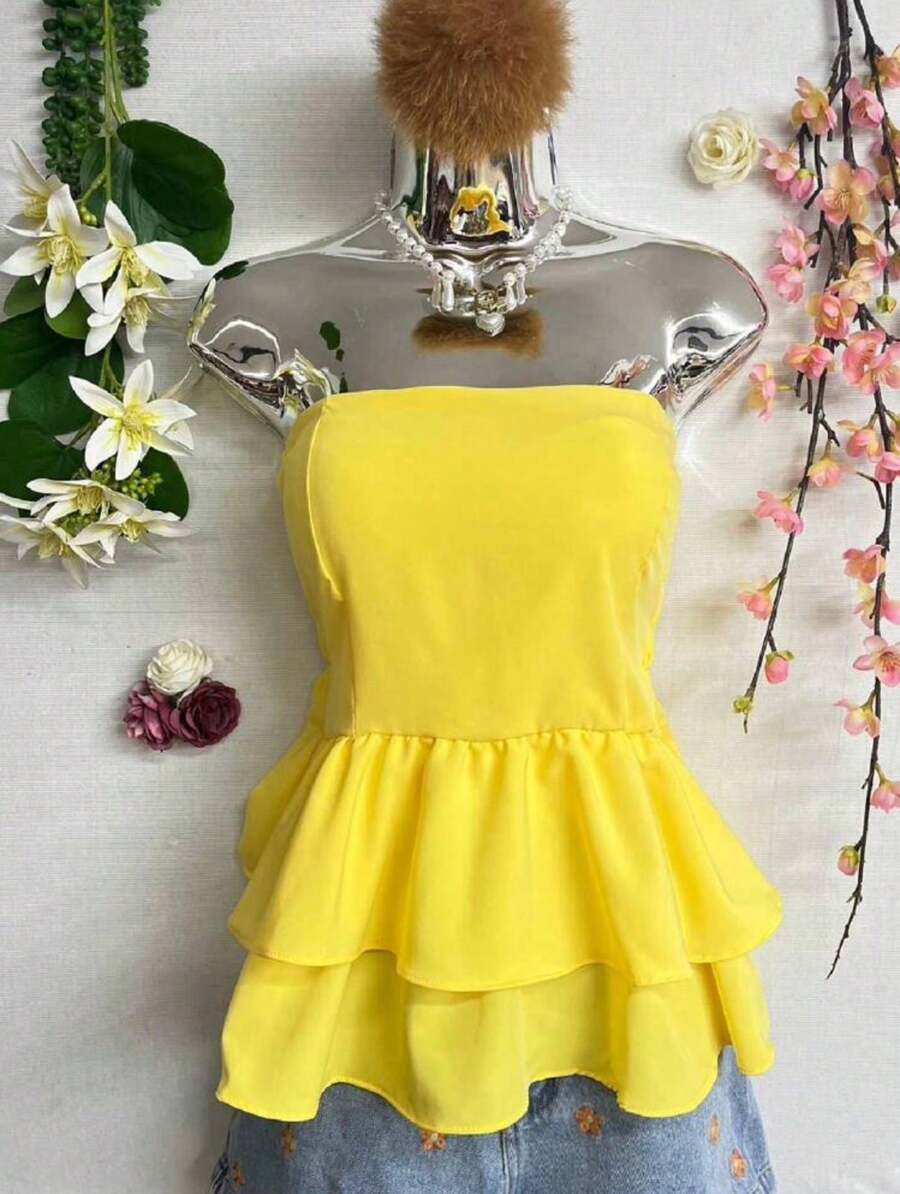Women's Tailored Peplum Strapless Blouse - Màu vàng - Xem 1
