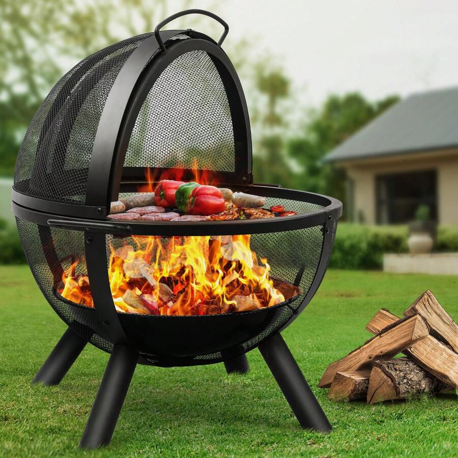Ball Of Fire Pit 35" Outdoor Fire With BBQ Grill Globe Large Round Pit,Patio Fireplace For Camping, Heating, Bonfire And Picnic - 黑色 - 查看 1