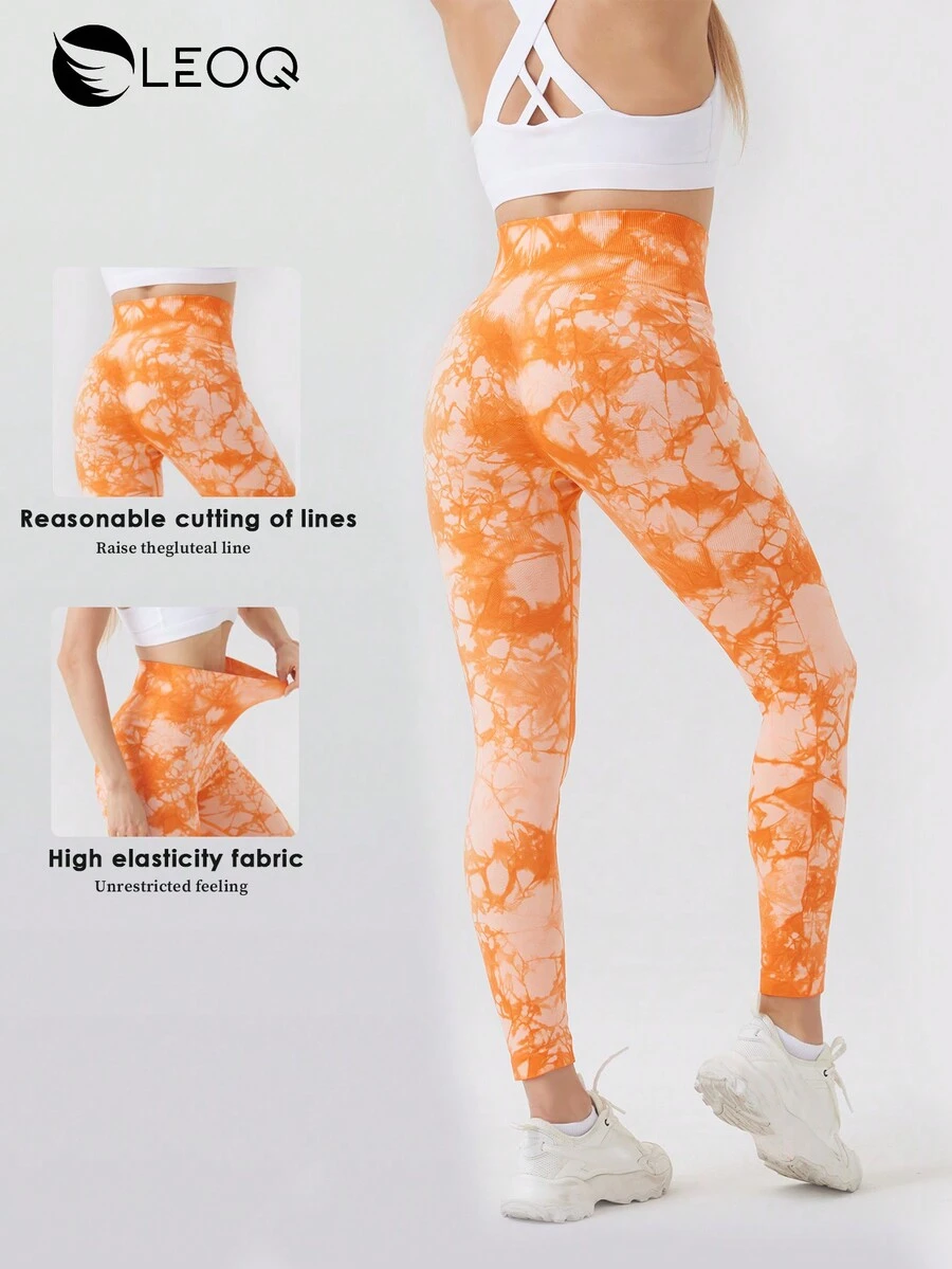 LEOQ Quần legging Tie Dye 7/8 cạp cao thể thao yoga quần bó vừa vặn kiểm soát bụng cho phụ nữ tập Pilates chạy bộ đi bộ đường dài - trái cam - Xem 1