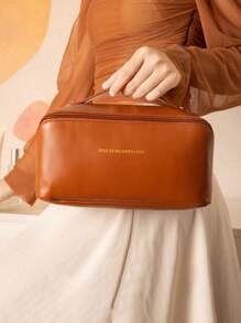 1 szt. Kreatywna kosmetyczka, kosmetyczka ze skóry PU, duża pojemność, modny i przenośny organizer na przybory toaletowe, wysokiej jakości brązowy kolor z koronką i plisowanym wzorem, wielofunkcyjna minimalistyczna kosmetyczka