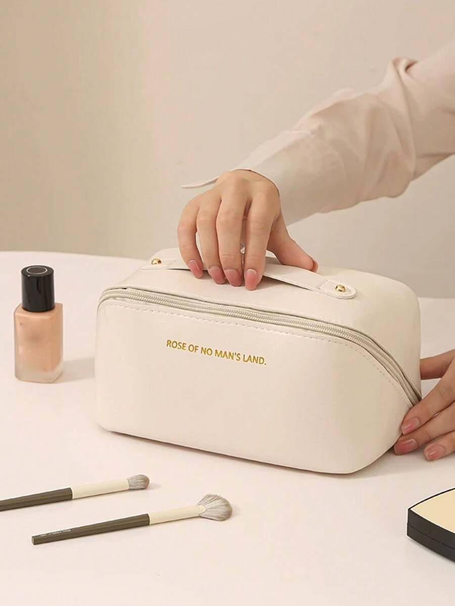 1 szt. Kreatywna kosmetyczka, kosmetyczka ze skóry PU, duża pojemność, modny i przenośny organizer na przybory toaletowe, wysokiej jakości brązowy kolor z koronką i plisowanym wzorem, wielofunkcyjna minimalistyczna kosmetyczka
