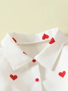 Cute Young Girl White Collar Shirt With Red Heart & Ruffle Trim, Long Sleeve Children Casual Blouse, Spring & Autumn, Suitable For Outerwear Valentine's Day - White - View 3
