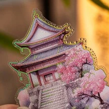 15张/包贴纸包，诗雨画桥系列，复古精致中国传统建筑风格贴纸，PET防水材料烫印工艺，剪贴簿用品，装饰笔记本相框，手机壳，水杯，垃圾桶，文具盒，DIY个性拼贴 - 彩色 - 查看 8