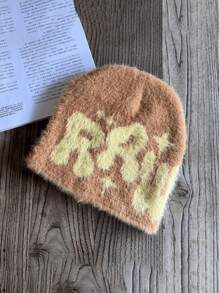 1 pieza Gorro de punto de estilo fiesta callejera con diseño de letras, cómodo y cálido gorro de invierno para Navidad, ropa urbana y atuendo deportivo de otoño