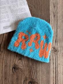 1 pieza Gorro de punto de estilo fiesta callejera con diseño de letras, cómodo y cálido gorro de invierno para Navidad, ropa urbana y atuendo deportivo de otoño