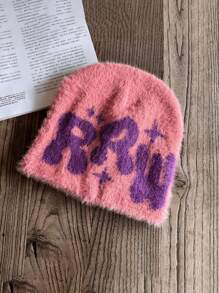 1 pieza Gorro de punto de estilo fiesta callejera con diseño de letras, cómodo y cálido gorro de invierno para Navidad, ropa urbana y atuendo deportivo de otoño