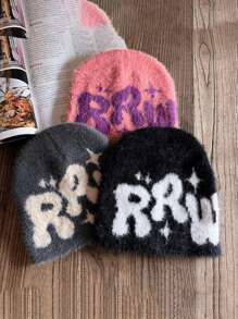1 pieza Gorro de punto de estilo fiesta callejera con diseño de letras, cómodo y cálido gorro de invierno para Navidad, ropa urbana y atuendo deportivo de otoño