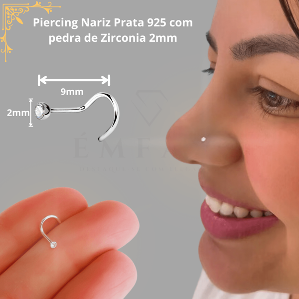 Piercing Nariz Ponto de Luz Prata 925 Nostril Pedra de Zirconia Brilhante 2mm