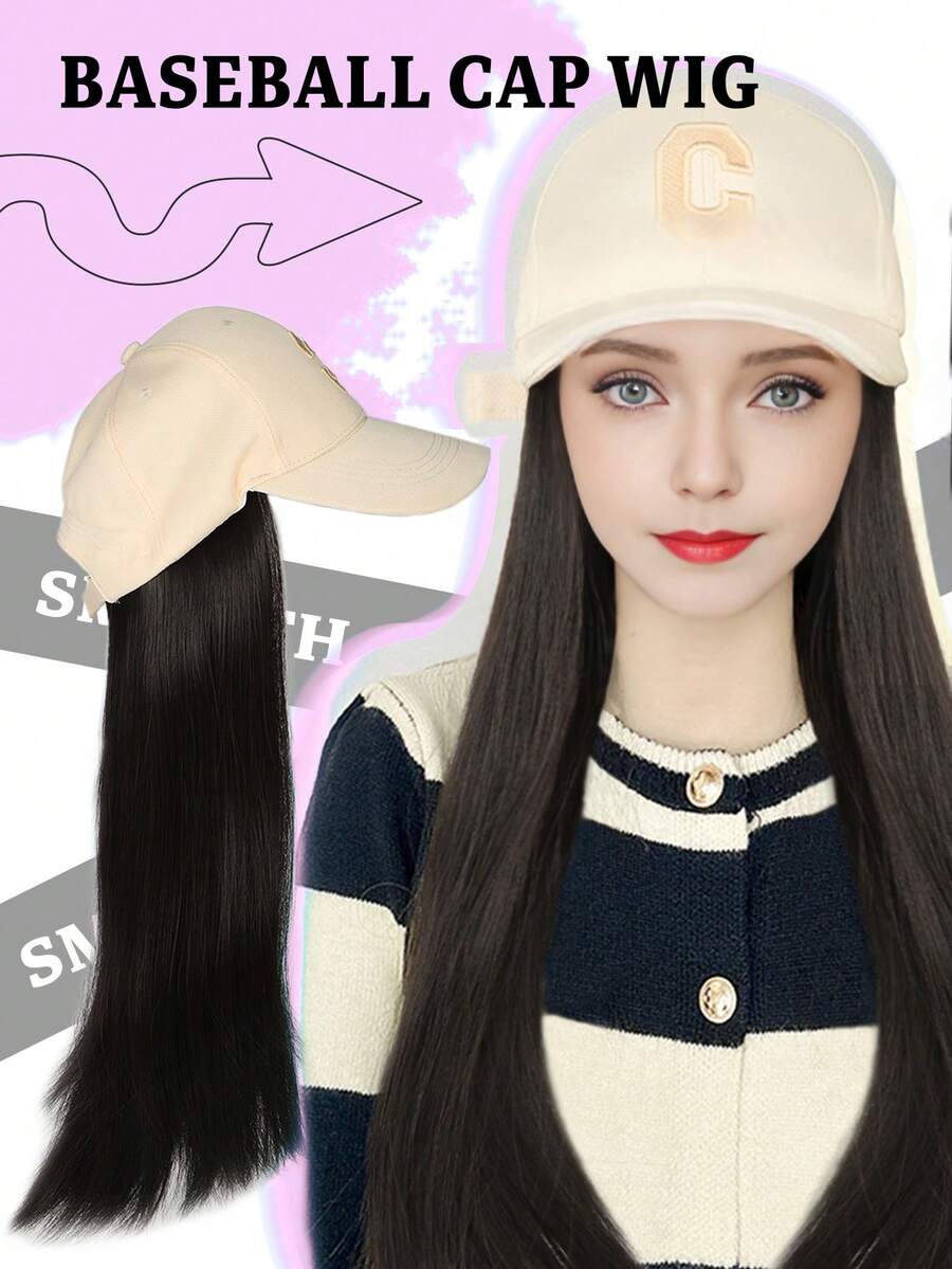 Baseball Cap Hair Extensions For Women And Girls With Adjustable Hat 18 Inch Heat Resistant Synthetic Fiber Wig Long Straight Stylish Wigs Baseball Cap Wigs For Daily Use - Black-brown - View 1