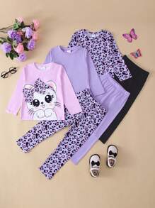 年轻女孩 6 件套休闲卡通猫豹纹长袖 T 恤和裤子套装，舒适针织面料，秋冬 - 彩色 - 查看 1