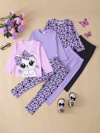 年轻女孩 6 件套休闲卡通猫豹纹长袖 T 恤和裤子套装，舒适针织面料，秋冬