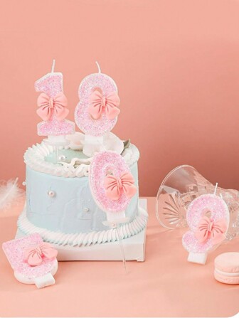 1 pièce Bougie d'anniversaire rose en forme de nœud 0-9, bougies de décoration de gâteau à parsemer pour fête d'anniversaire, cuisson