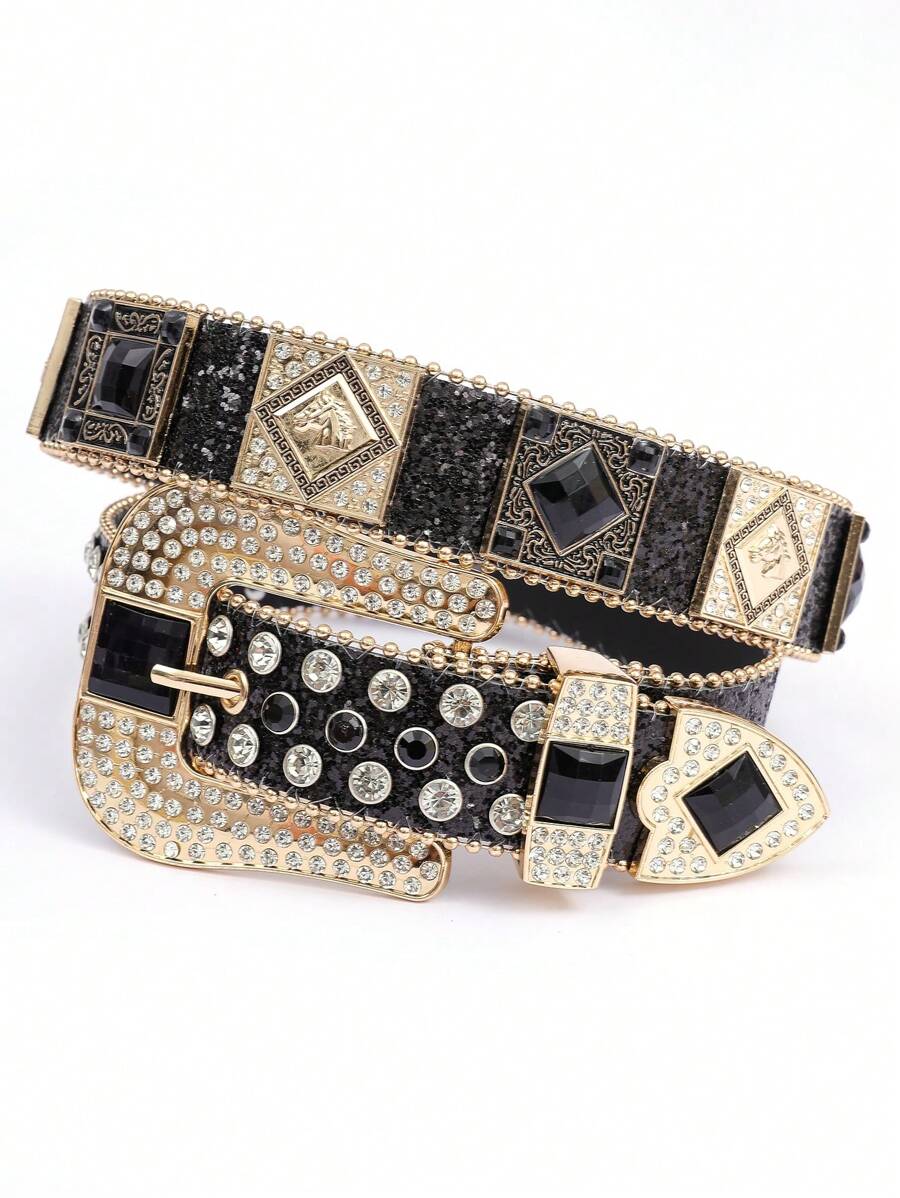 1pc Solid Color Punk Rock Belt Inlay With Rhinestones And Sequins, Stylish Street Fashion Belt Summer, Schoolcasual, Business, Boyfriend Husband Father Dad Men Gift, Daily Wear, Fashion, Teen, Outdoor, Vacation, Athletic, Travel, Street, Boho, Vintage Fall, Autumn, Halloween Autumn-Winter Accessories,Suitable For Teens, Youth,Men,Casual, Outdoor, Athletic, Vacation, Graduation Gifts, Birthday, Daily Wear - Black - View 1