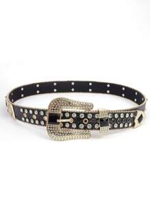 1pc Solid Color Punk Rock Belt Inlay With Rhinestones And Sequins, Stylish Street Fashion Belt Summer, Schoolcasual, Business, Boyfriend Husband Father Dad Men Gift, Daily Wear, Fashion, Teen, Outdoor, Vacation, Athletic, Travel, Street, Boho, Vintage Fall, Autumn, Halloween Autumn-Winter Accessories,Suitable For Teens, Youth,Men,Casual, Outdoor, Athletic, Vacation, Graduation Gifts, Birthday, Daily Wear - Black - View 4