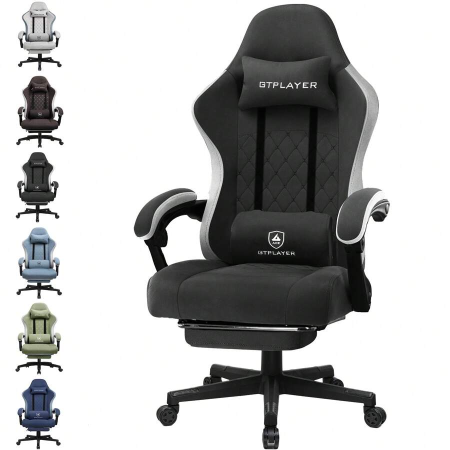 Fabric Gaming Chair With Footrest, Computer Desk Chair With Pocket Spring Cushion, Home Office Chair Ergonomic High Back Support Lumbar Support Heavy Duty Wide