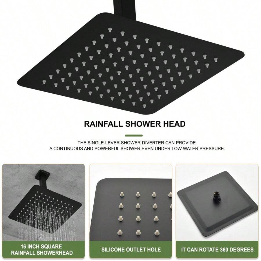16 Inch Square Rain Shower Head Matte Black 304 Stainless Steel