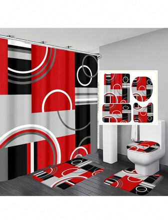 1pc/4pcs Plaid Geometric Pattern Shower Curtain Set, Waterproof Shower Curtain With 12 Hooks, Bathroom Rug, U-Shaped Toilet Mat, Toilet Lid Cover, Bathroom Divider, Bathroom Accessories, Bathroom Decor Fall Decor Back To School