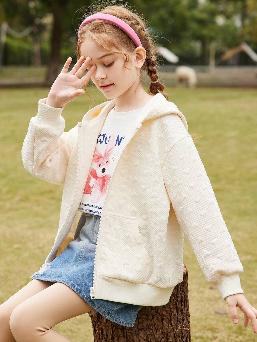 ASK JUNIOR Tween 女童纯色连帽夹克运动休闲外套，秋季 - 白色 - 查看 1