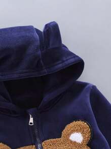 2 chiếc áo hoodie lông cừu họa tiết đầu gấu hoạt hình cho bé trai và bộ đồ dài tay, ấm áp cho mùa thu/đông - Màu xanh hải quân - Xem 3