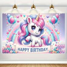 1PC 可爱卡通彩虹独角兽生日主题派对装饰背景 210*150/150*100/100*75CM 粉紫色背景彩虹气球花朵迷人独角兽背景布适用于生日派对及一般庆典场地装饰背景布影楼拍照装饰背景布房间、花园、多用途主题派对背景装饰用品 - 彩色 - 查看 1