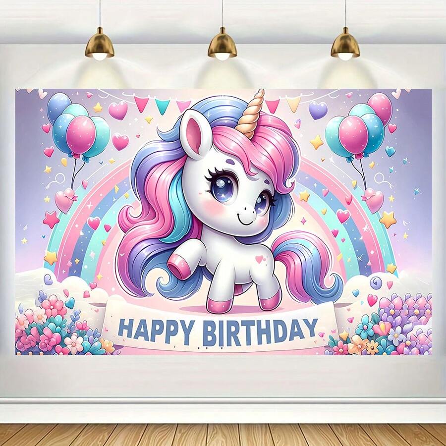 1PC 可爱卡通彩虹独角兽生日主题派对装饰背景 210*150/150*100/100*75CM 粉紫色背景彩虹气球花朵迷人独角兽背景布适用于生日派对及一般庆典场地装饰背景布影楼拍照装饰背景布房间、花园、多用途主题派对背景装饰用品 - 彩色 - 查看 1
