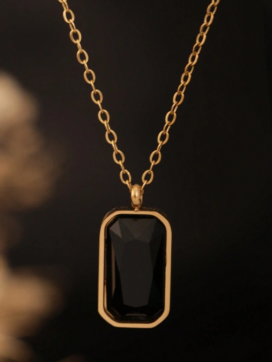 1pc Stainless Steel Minimalist Black Cubic Zirconia Necklace, Titanium Steel Black Zirconia Pendant, Suitable For Women, Wife, Party And Daily Wear - Gold - View 1