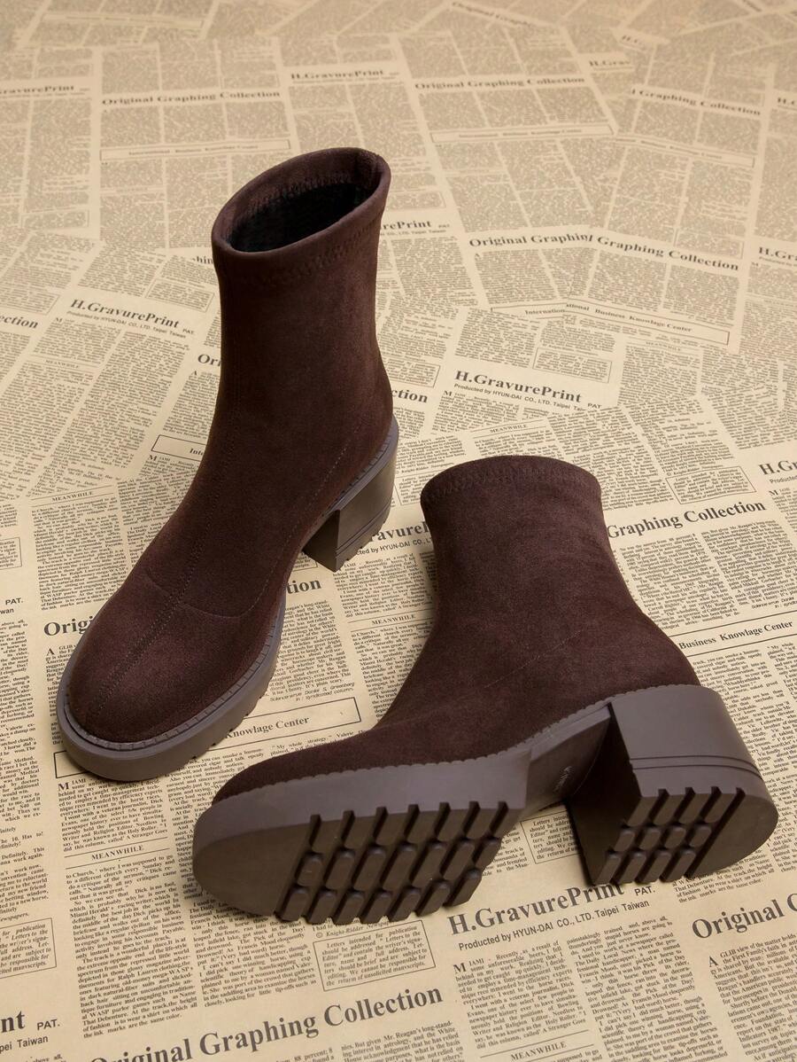 2024 秋季新款百搭休闲中粗跟时尚女靴，乡村风格踝靴，秋冬棕色短靴，搭配开衫 - 咖啡棕 - 查看 1